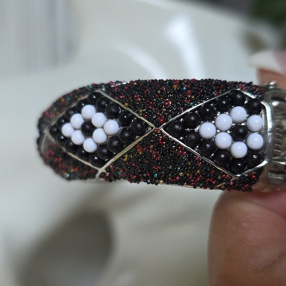 Vintage Clamper Hinge Bangle Bracelet Silver with Bead Design - Picture 7 of 13